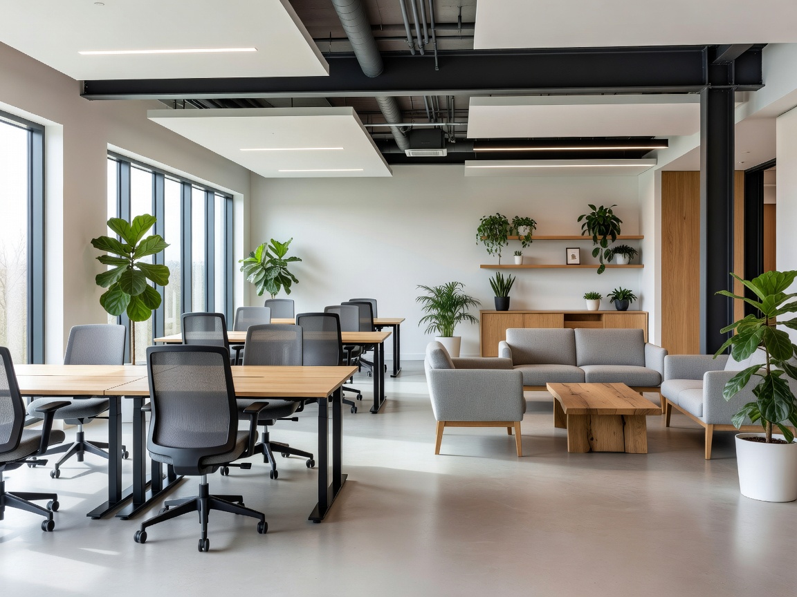 Contemporary open workspace with ergonomic seating and green decor in Spain
