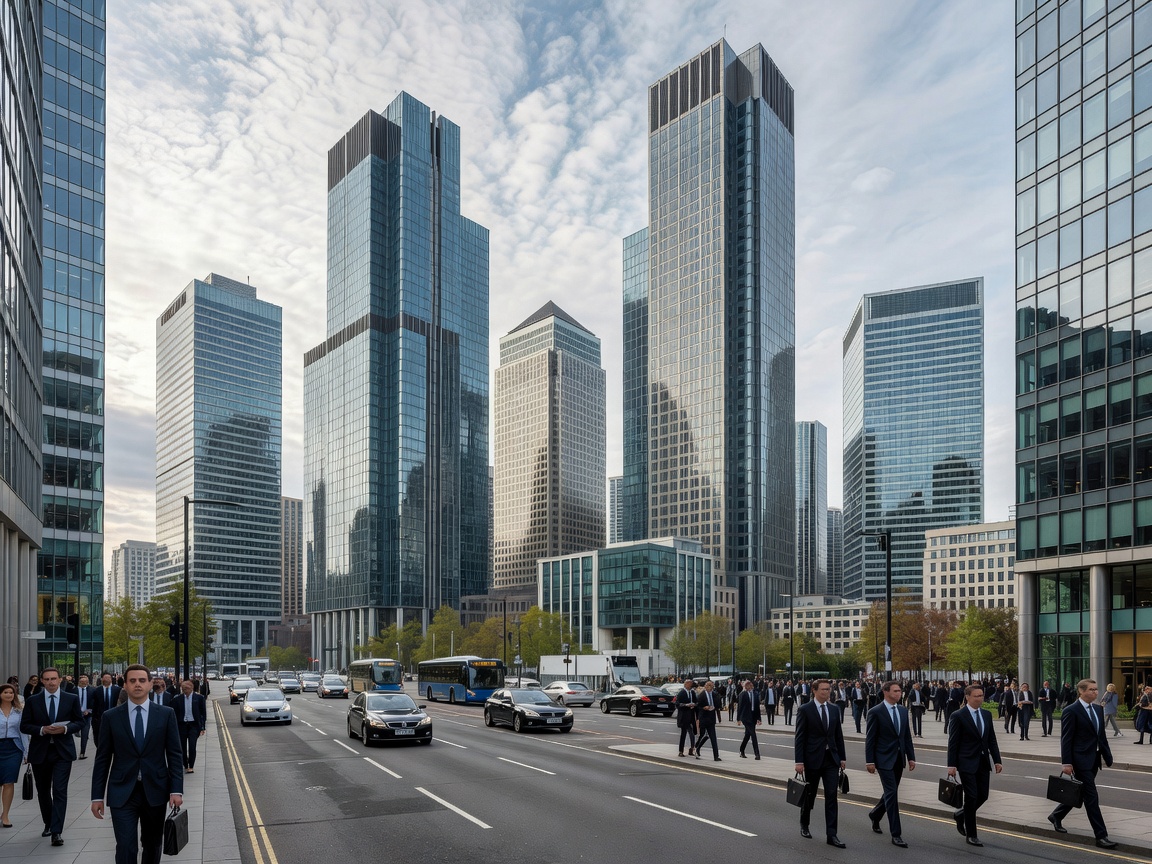 Modern European business district with cycling lanes and canals