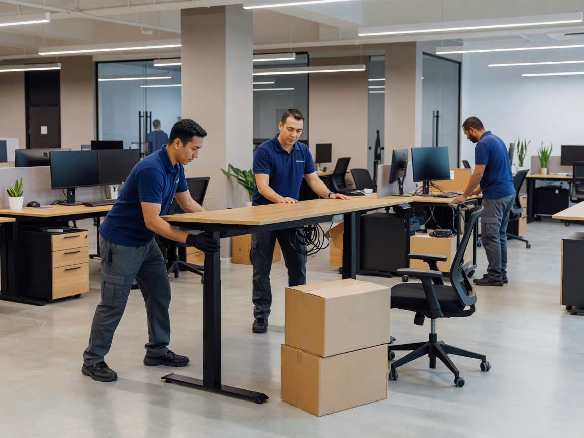 Collaborative modern workspace with laptop stations and natural lighting in Europe